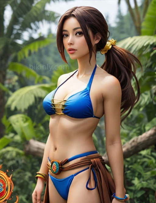 This swimsuit embodies the strength and beauty of Earthbenders, making a powerful statement with its earthy blue hues and rustic leather accents.